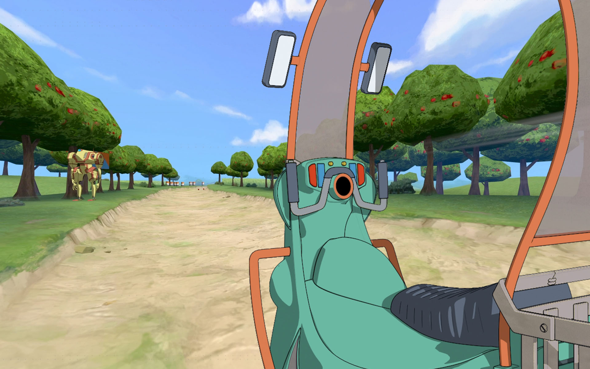 key visual of the VR game Eden with the moto bike moving through the forrest with with apple plucking robots