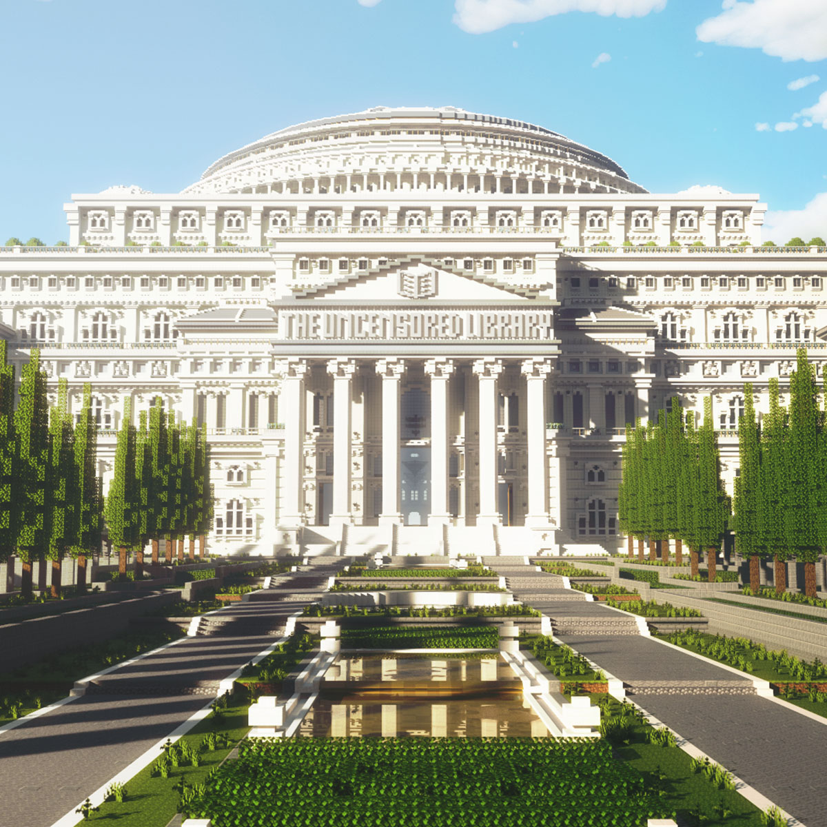 uncensored library minecraft library from the front made from white stone and surrounded by the trees, all in minecraft style